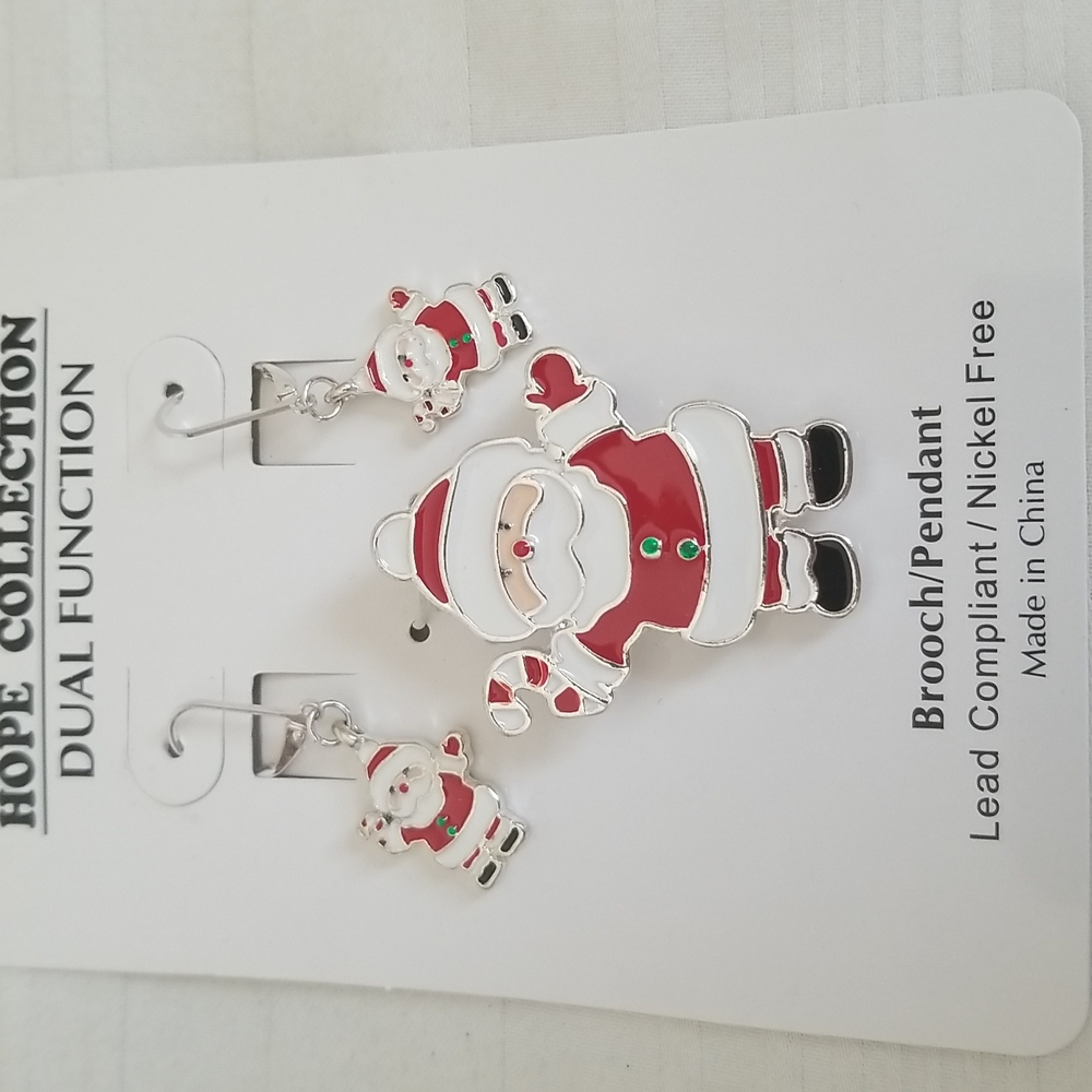 Silver Santa Christmas Earrings Brooch Pendant Set